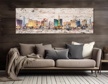 Las Vegas Canvas Print – Rustic Retro Panorama On Cotton Canvas | Framed & Ready to Hang