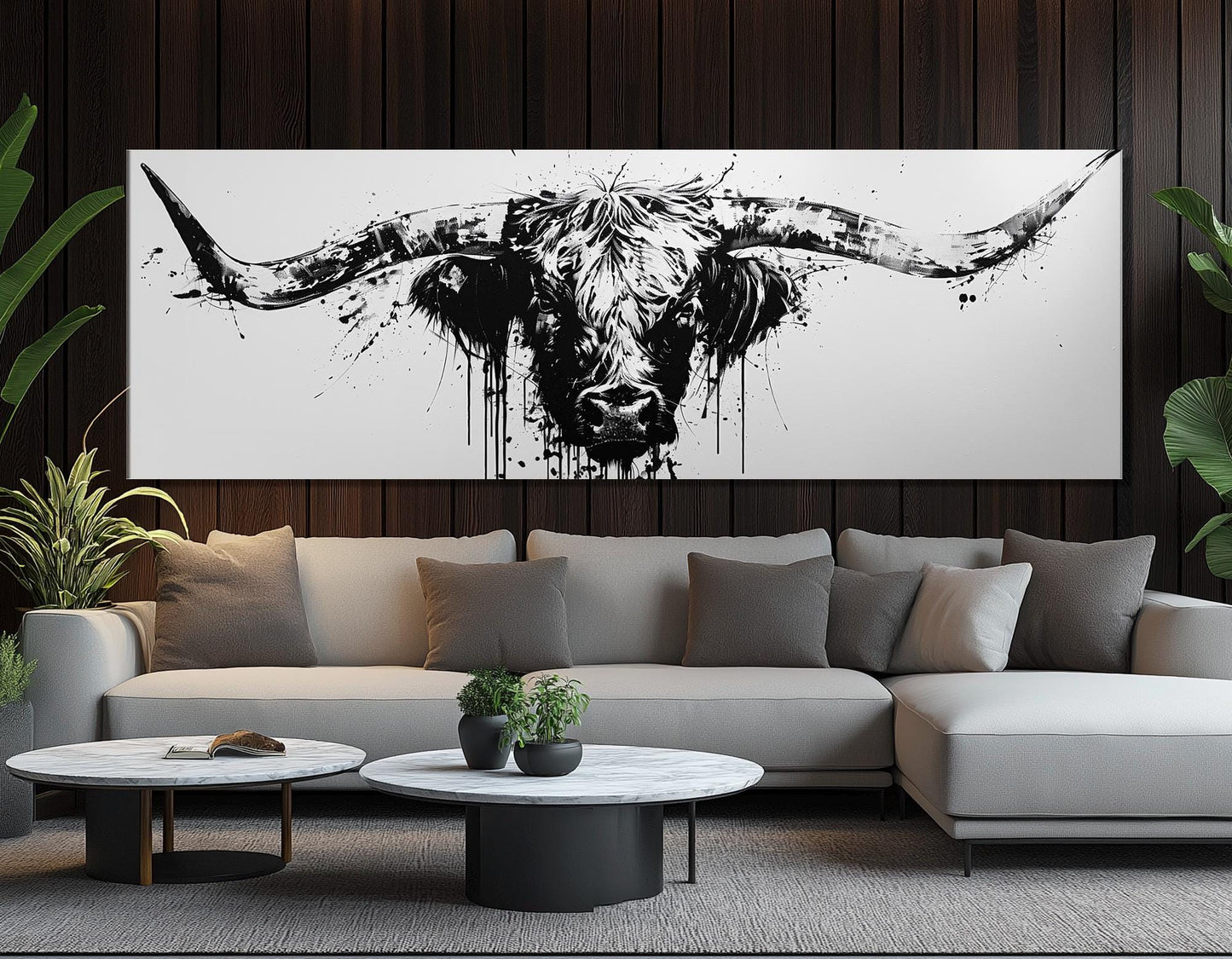 Longhorn Canvas Print - Framed Rustic Bull Decor with Black and White Art