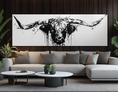 Longhorn Canvas Print - Framed Rustic Bull Decor with Black and White Art