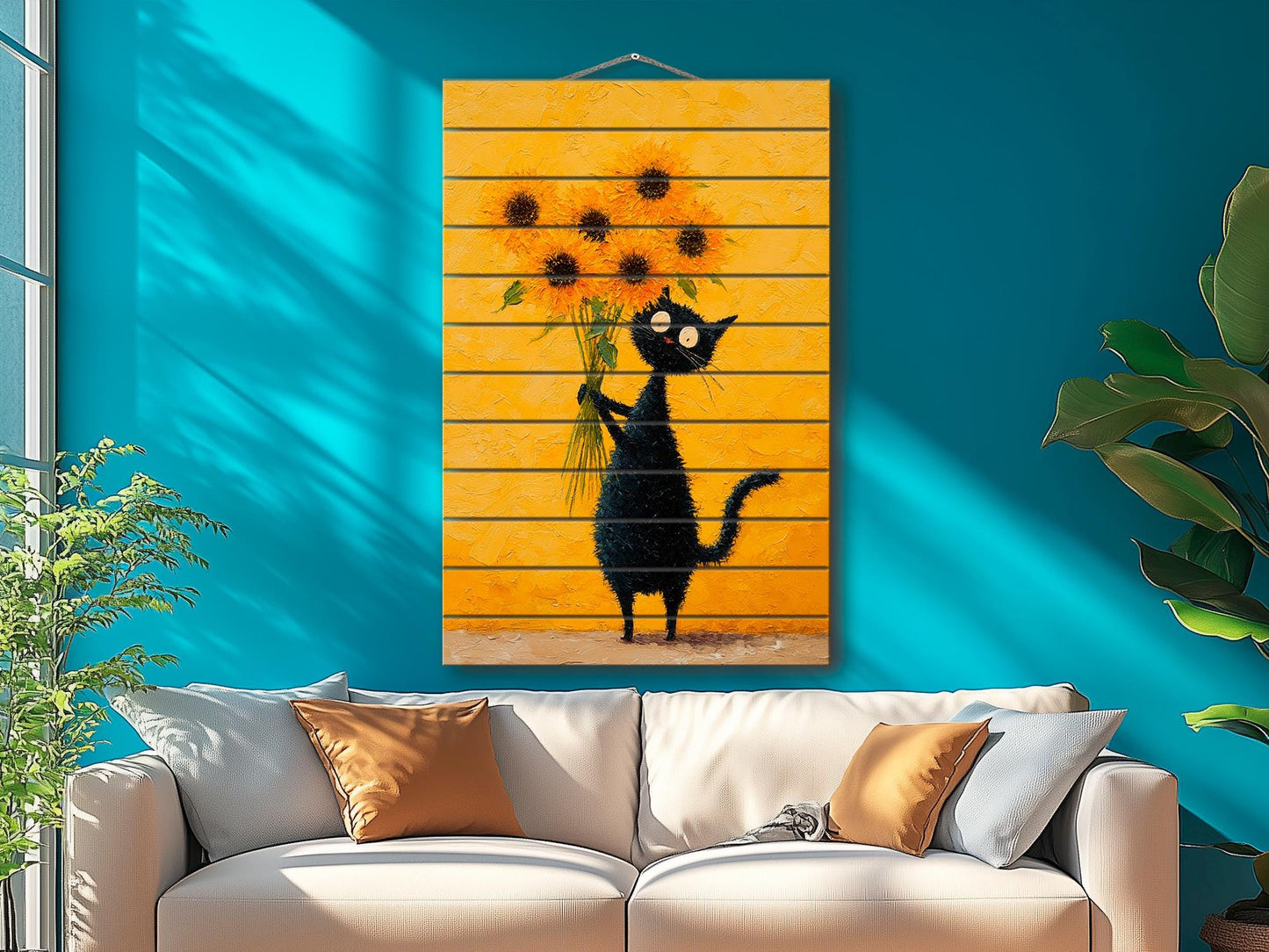 Wood Wall Art – Black Cat Painting with Sunflowers | Minimalist Rustic Decor