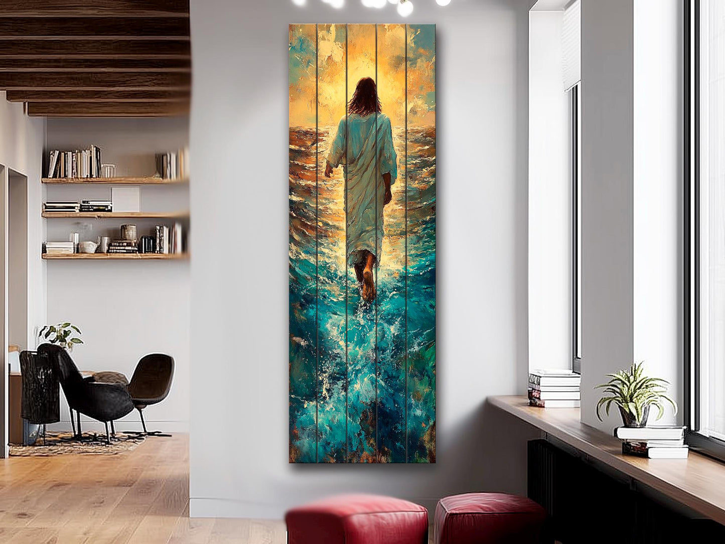 Wood Wall Art – Jesus Walking on Water Print on Natural Wood – Christian Rustic Print – Religious Wall Art, Biblical Wall Decor