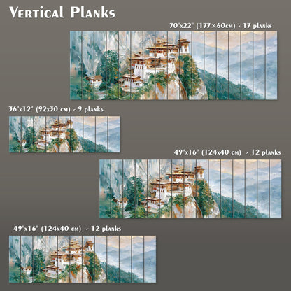The image is a collage of four images depicting a mountainous landscape with a traditional Chinese temple on a cliff. The images are arranged in a grid format, with each image being a vertical plank. The sizes of the planks vary, ranging from 70"22" (177"60") to 49"16" (129"40") and 17" planks. The planks are labeled with their respective sizes and dimensions, providing a clear visual representation of the different sizes of the planks.
