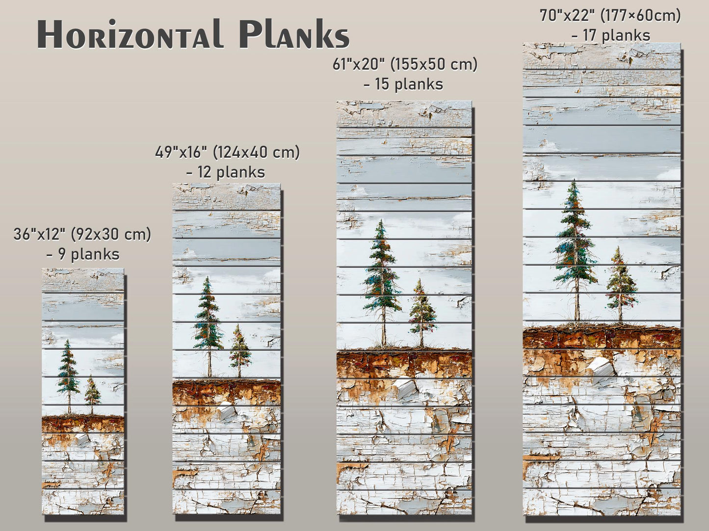 Wabi Sabi Wall Art – Rustic Wood Decor with Pine Tree Painting on Natural Wood Grain