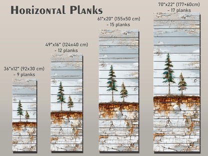 Wabi Sabi Wall Art – Rustic Wood Decor with Pine Tree Painting on Natural Wood Grain