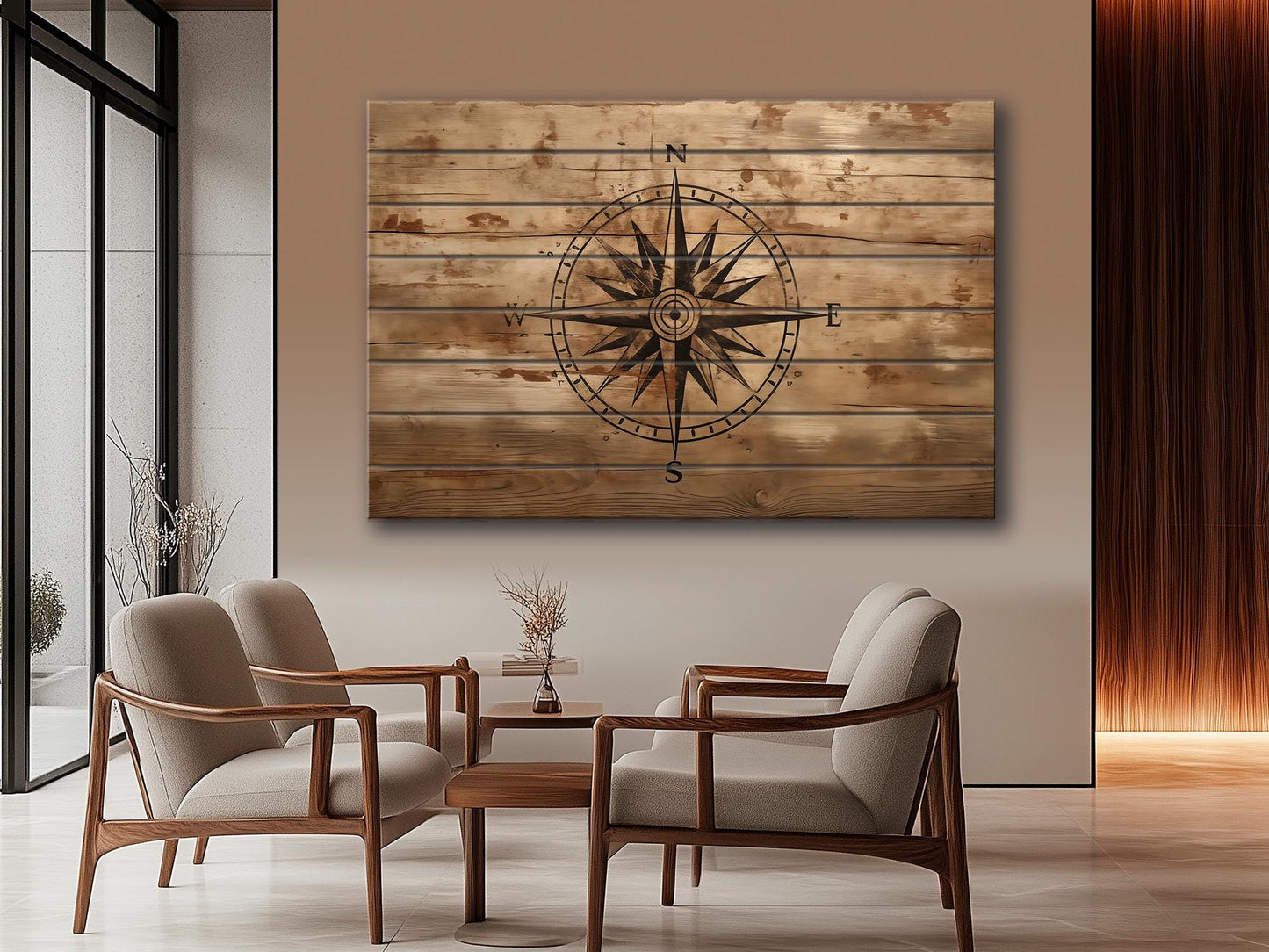 Rustic Compass Print – Nautical Wall Art on Natural Wood | UV Printed Wood Art