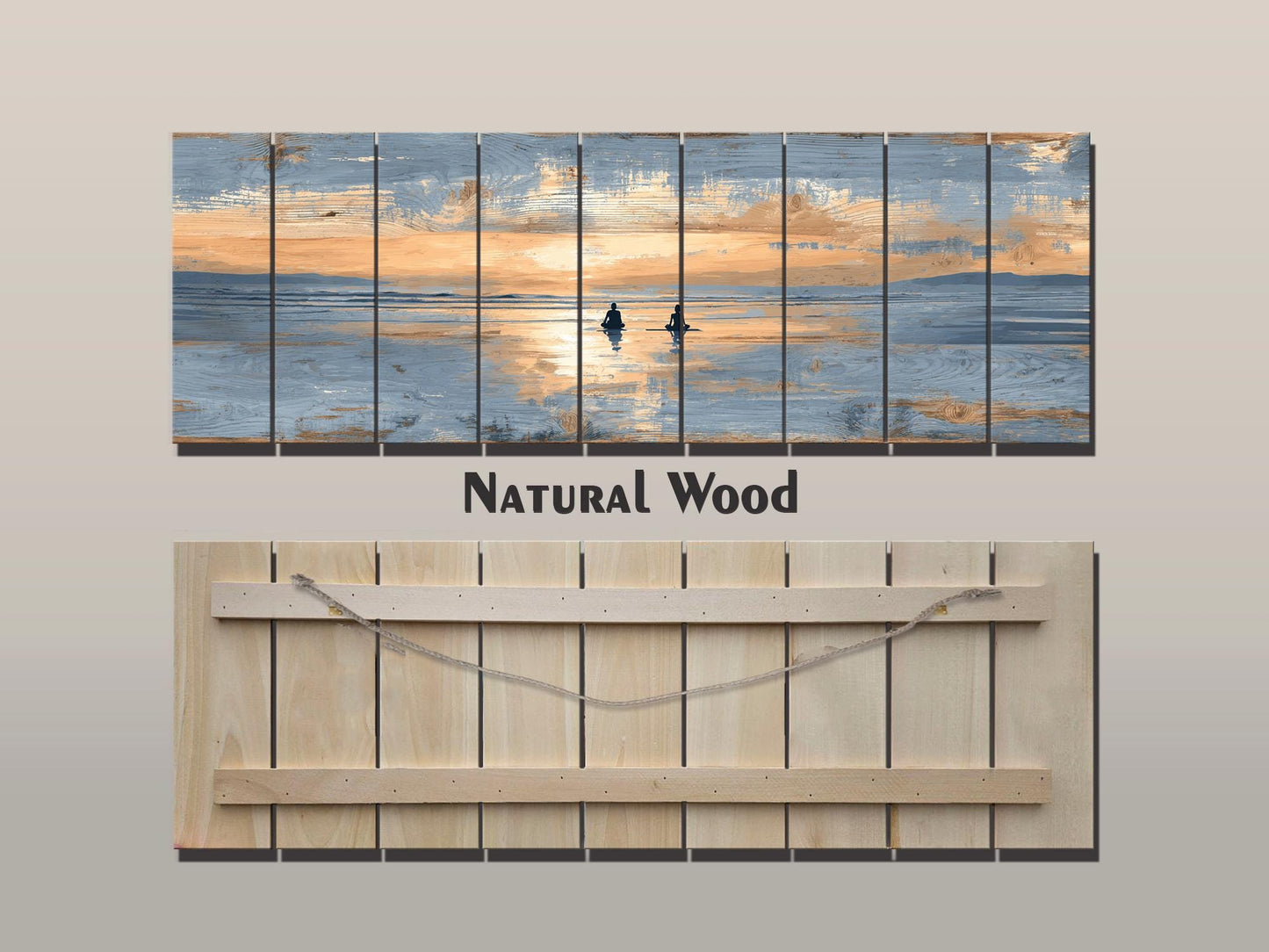Sunrise Beach Yoga Print – Natural Wood Wall Art | Coastal Yoga Decor