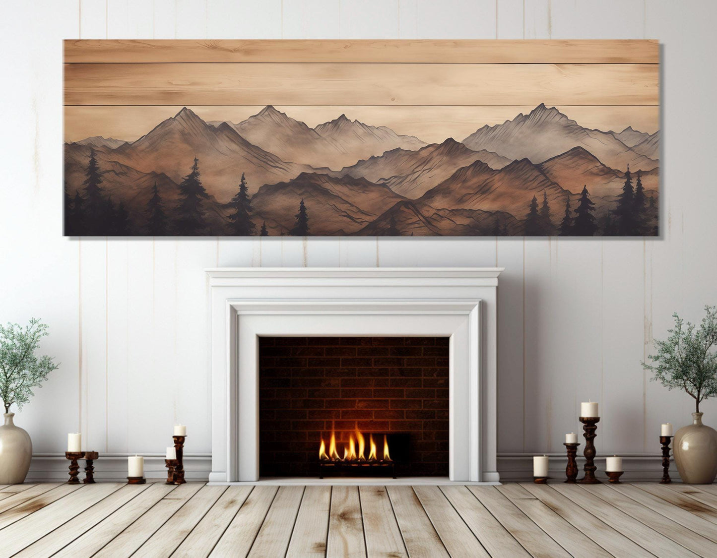 Mountains Wall Art – Rustic Mountains Art Framed Canvas Print | Soft Tone Mountain Decor