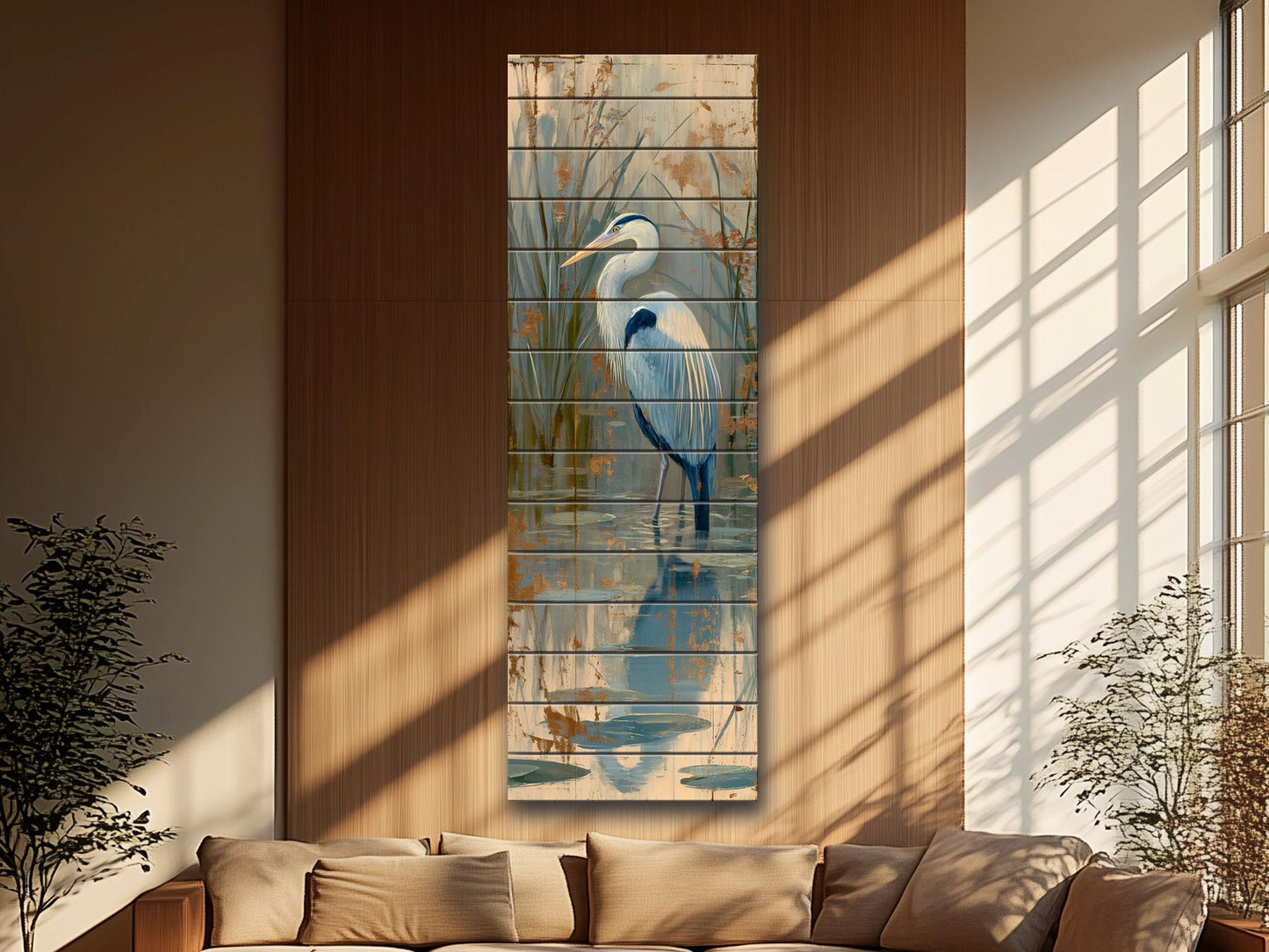 Heron in a Lake Rustic Print on Natural Wood, Cozy Cabin Wall Decor