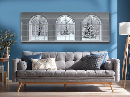 Winter Windows Print on Wood – Snowy Landscape Wall Art, Rustic White Arched Window Decor