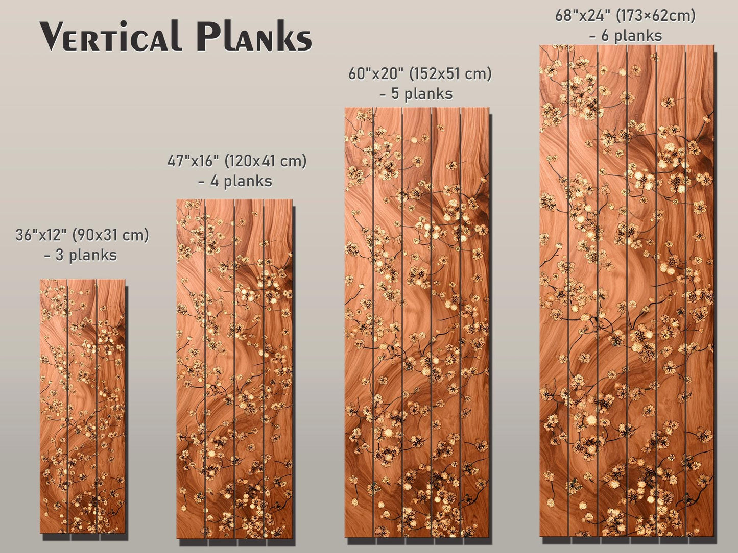 Japanese Blossoms Wall Art – Elegant Brass Inlay Floral Wood Print Decor