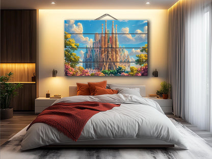 Sagrada Familia Wall Art – Natural Wood Print | Barcelona Skyline Decor