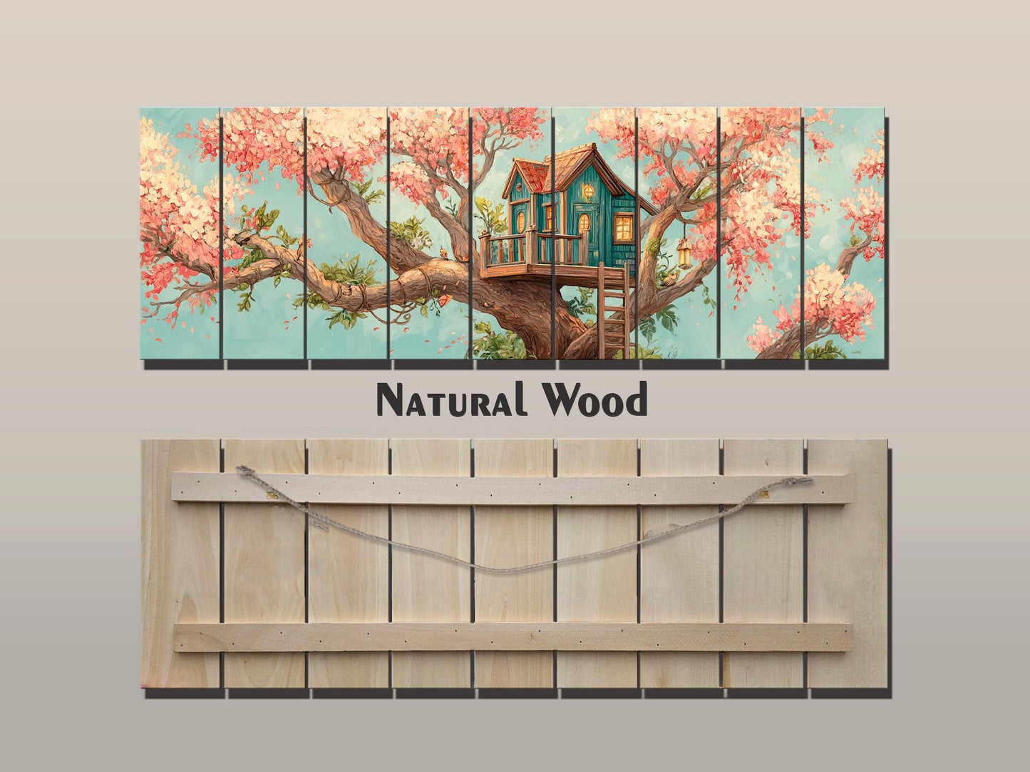Wood Wall Art – Whimsical Treehouse Painting on Natural Wood Print | Rustic Cabin Decor