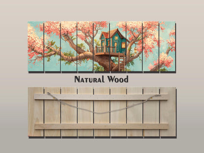 Wood Wall Art – Whimsical Treehouse Painting on Natural Wood Print | Rustic Cabin Decor