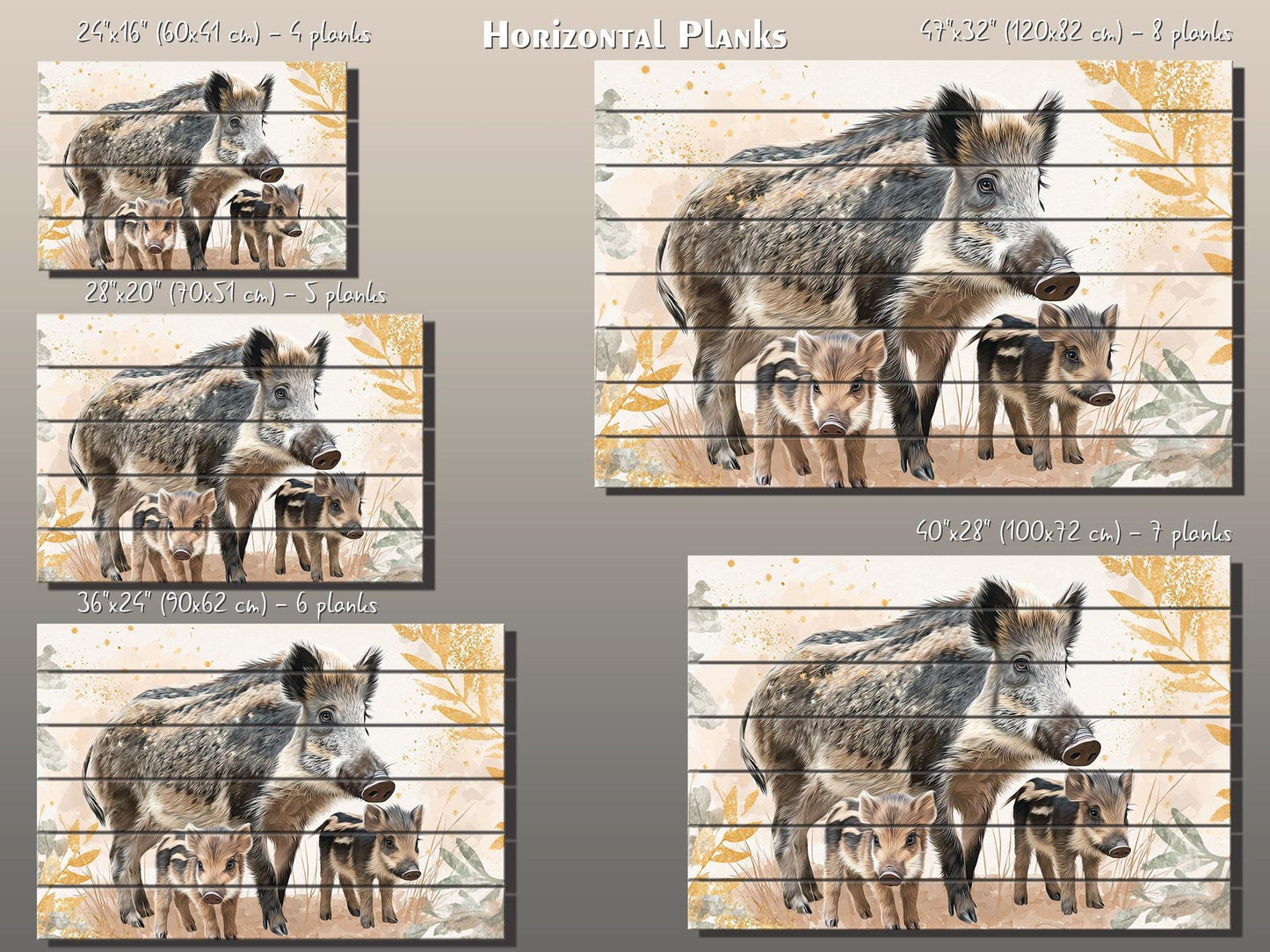 Cute Wild Boar Family Kids Print on Wood – Animal  Wall Art
