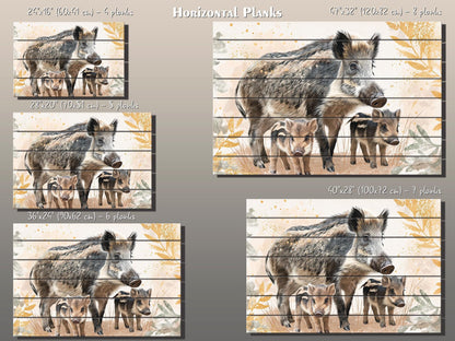 Cute Wild Boar Family Kids Print on Wood – Animal  Wall Art