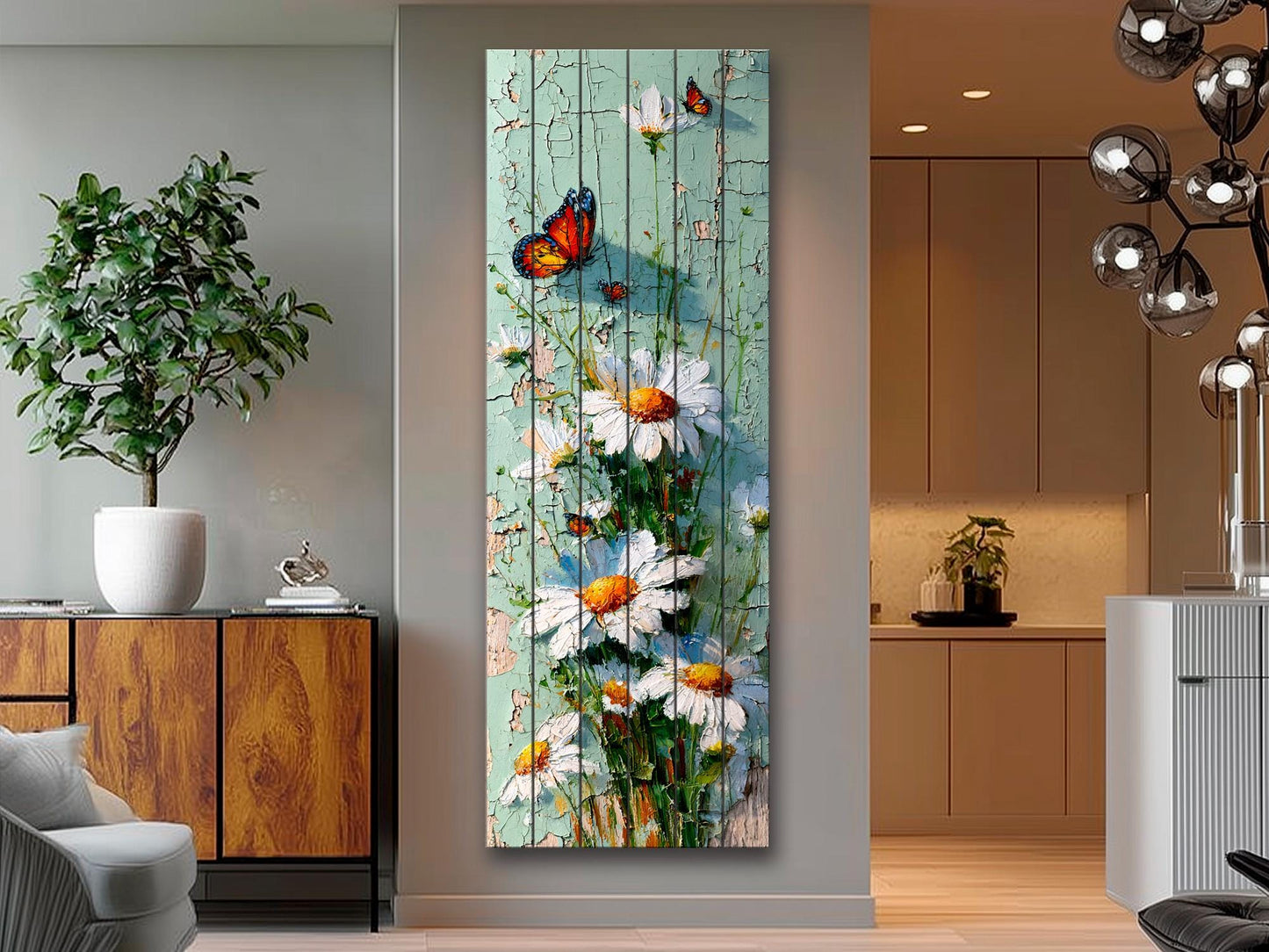 Butterfly and Daisies Wall Art – Rustic Floral Decor on Wooden Panels for Farmhouse Style