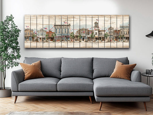 Vintage Americana Wall Art – Main Street Print on Wood with Rustic Wood Decor