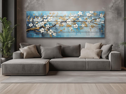 Abstract White Flowers Blossom Print On Natural Wood