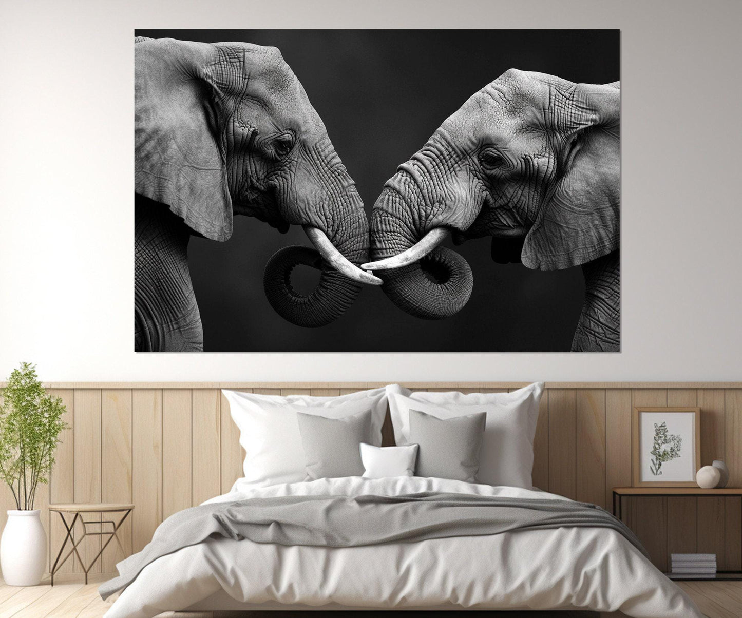 Elephants in Love Canvas Print, Black and White Elephants Wall Art, Modern Bedroom Wall Decor, Romantic Wall Art, Framed and Ready to Hang