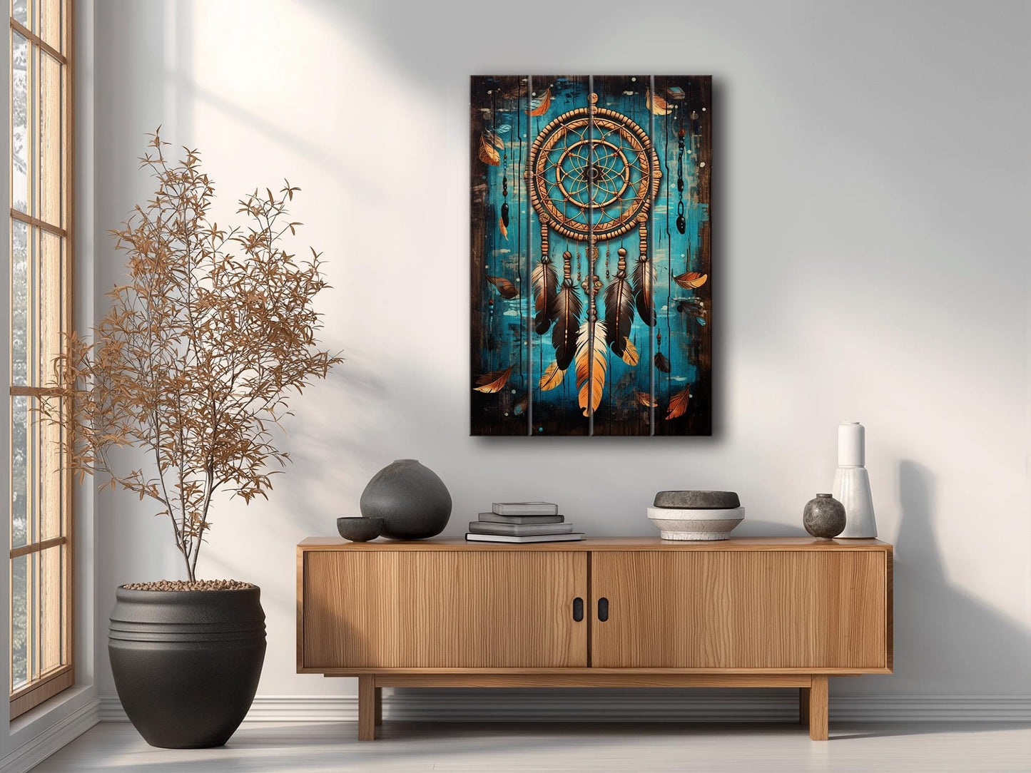 Dreamcatcher Wood Art – Boho Wall Decor on Natural Wood with Unique Grain