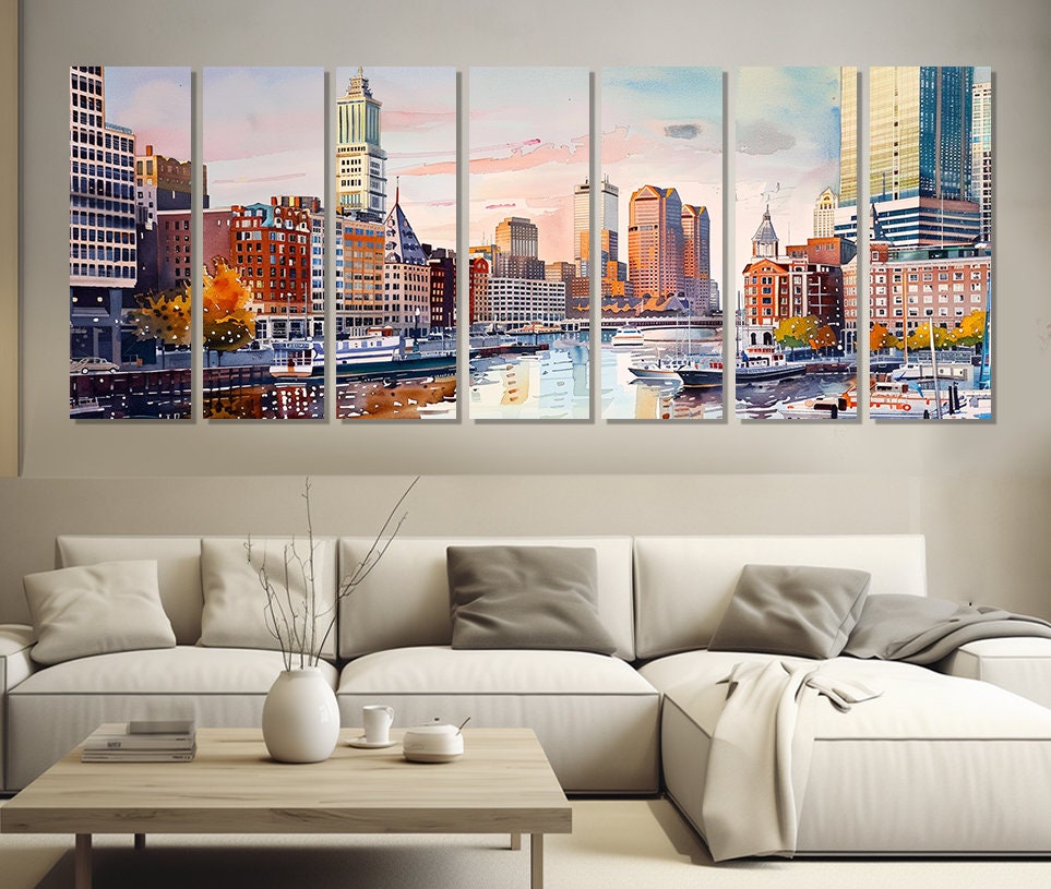 Boston Panoramic Canvas | Large Cotton Canvas Print - Ready to Hang Framed Wall Decor