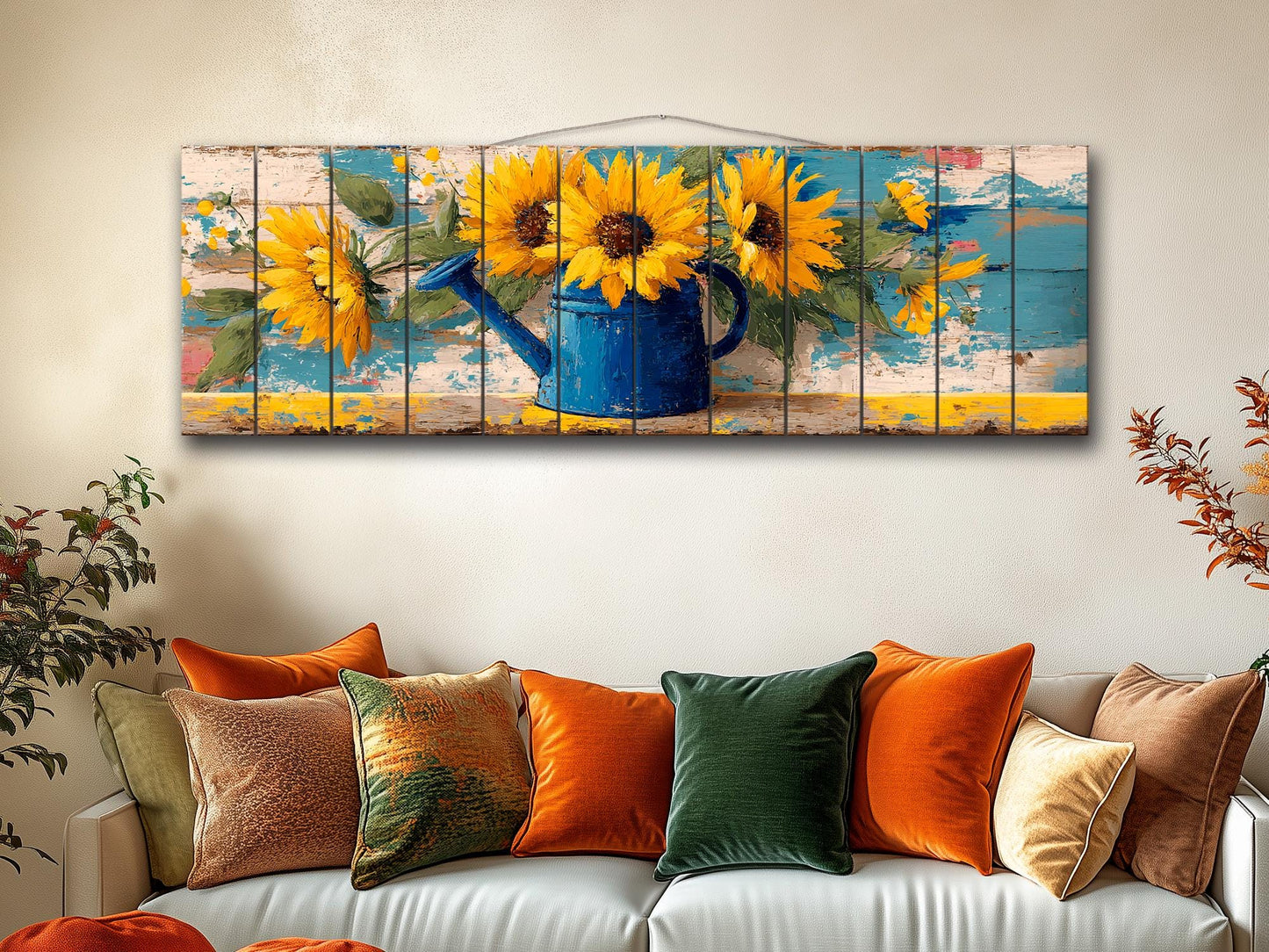Sunflowers Wood Art - Handcrafted Rustic Wood Wall Art with Weathered Watering Can Print