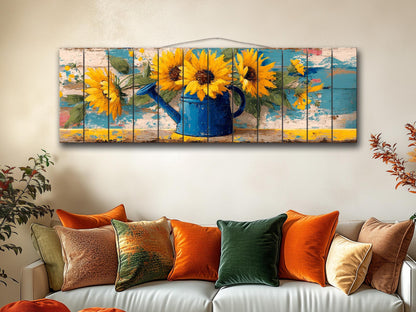 Sunflowers Wood Art - Handcrafted Rustic Wood Wall Art with Weathered Watering Can Print
