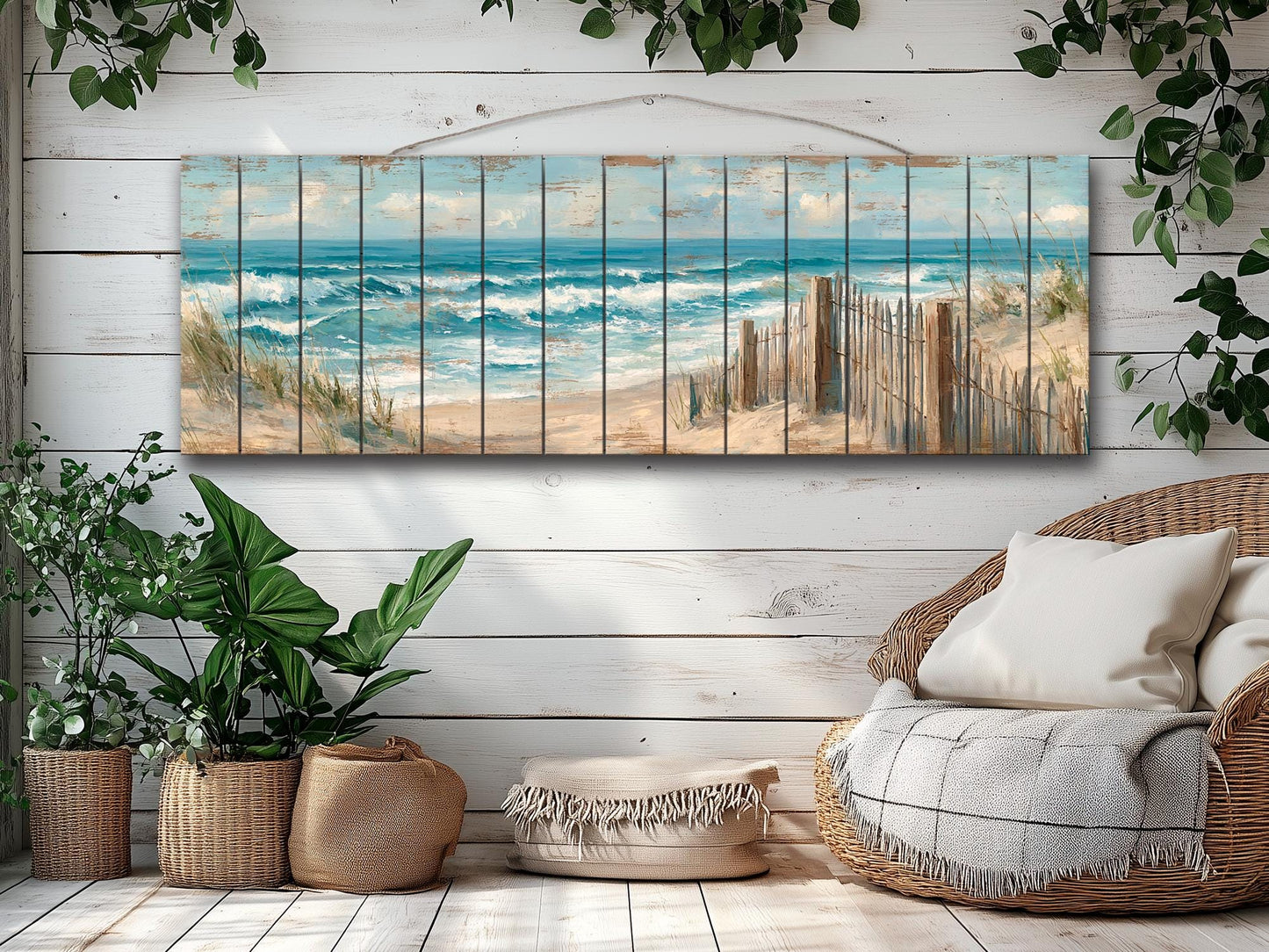 Wood Wall Art – Scenic Beach Wall Decor with Driftwood Fence & Sandy Dunes Print