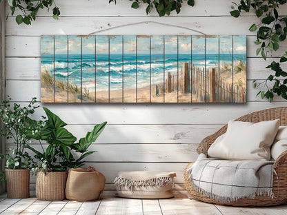 Wood Wall Art – Scenic Beach Wall Decor with Driftwood Fence & Sandy Dunes Print
