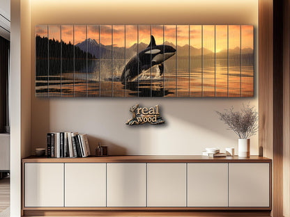 Orca Wall Art – Large Abstract Orca Jump Painting | Natural Wood Print Decor