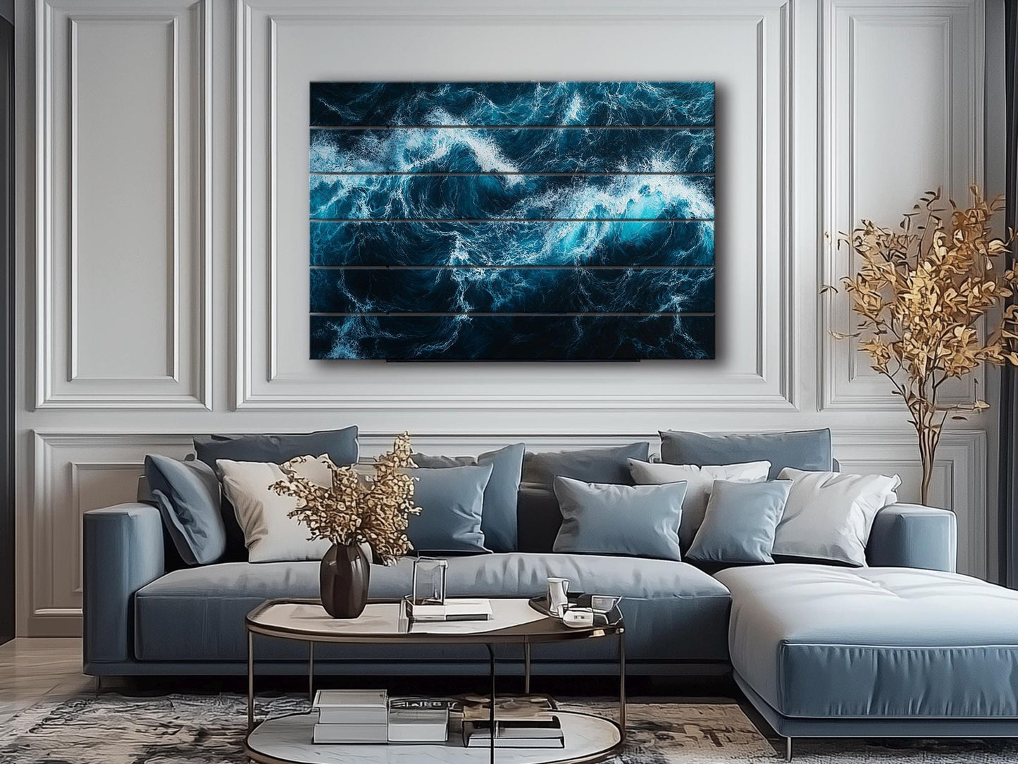 Ocean Wall Art – Deep Blue Waves Print on Wood | Rustic Nautical Decor