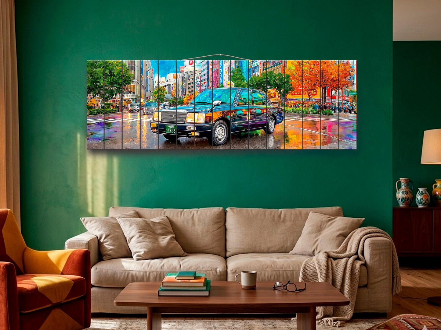 Tokyo Taxi Wood Art, Japanese Street Print