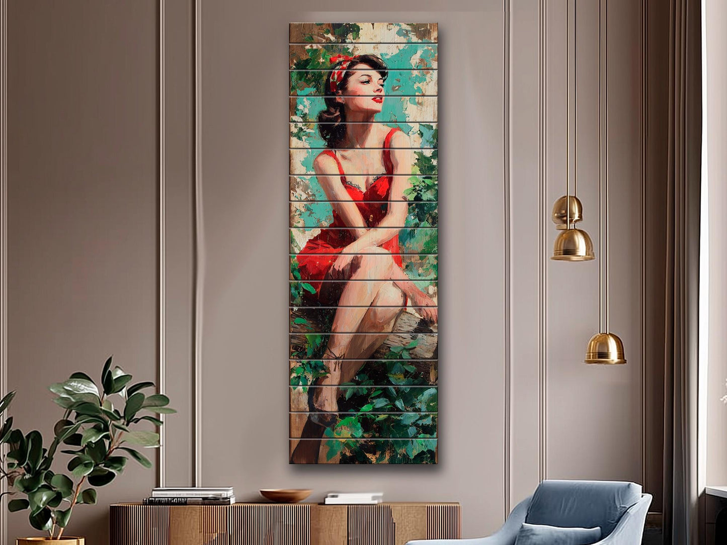 Pin Up Wood Print - Vintage Wall Art on Rustic Wood Plank with Forest Scene