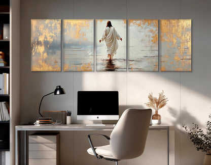 Jesus Walking on Water Religious Wall Art – Framed Canvas Print with Gold Leaf Accents