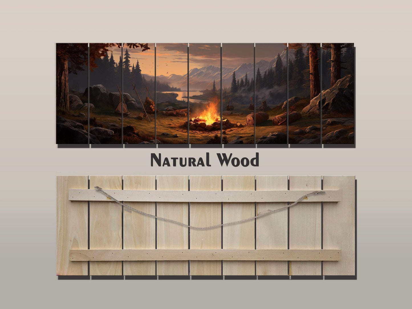 Rustic Wood Wall Art – Bonfire Forest Print on Natural Wood Plank Art