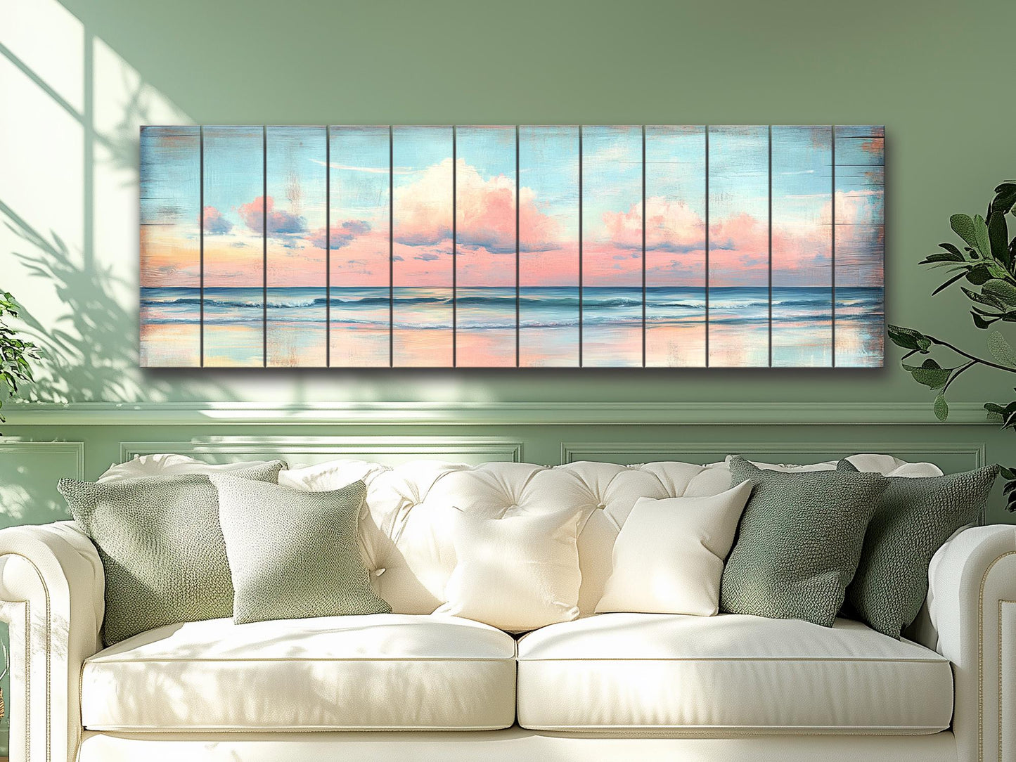 Wood Wall Art – Dreamy Pastel Skyline with Cotton Candy Clouds over Ocean Print on Natural Wood, Rustic Sea Beach Painting, Soft Tones Art