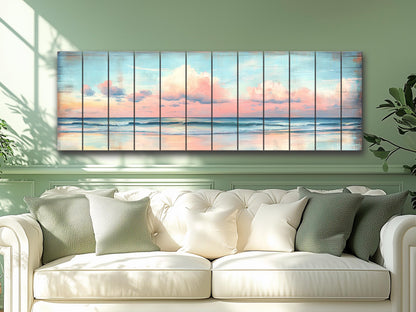 Wood Wall Art – Dreamy Pastel Skyline with Cotton Candy Clouds over Ocean Print on Natural Wood, Rustic Sea Beach Painting, Soft Tones Art