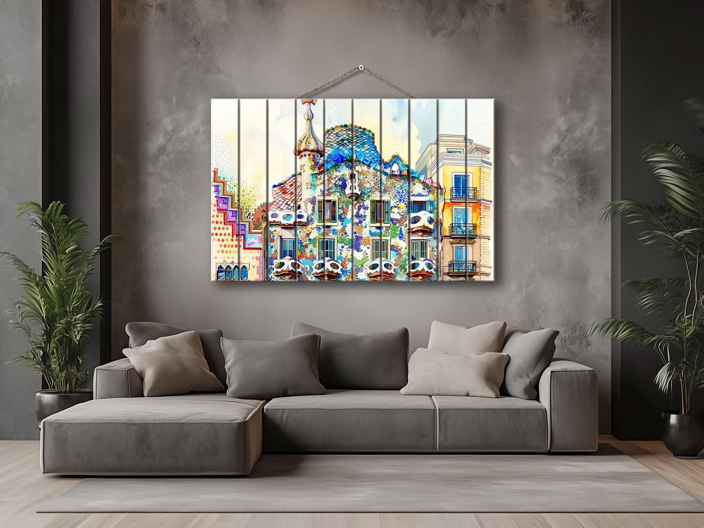 Casa Batlló In Barcelona by Antoni Gaudí Painting Printed on Natural Wood, Barcelona Wall Art, Casa Dels Ossos Print, Wood Wall Art