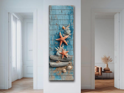 Wood Wall Art | Coastal Wall Art - Driftwood Starfish Print on Rustic Wood Panel