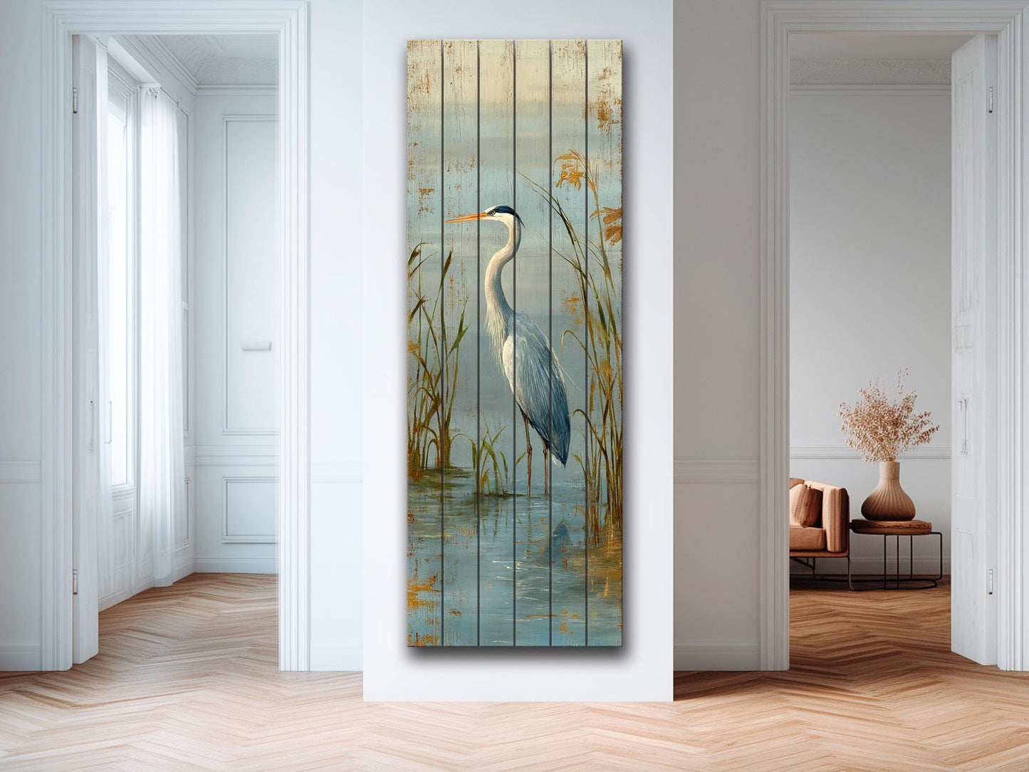 Wood Wall Art – Graceful Heron Print on Natural Wood Planks | Rustic Cabin Decor