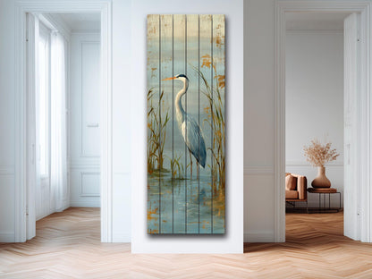 Wood Wall Art – Graceful Heron Print on Natural Wood Planks | Rustic Cabin Decor