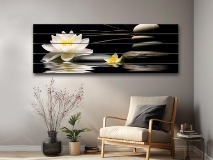 White Lily Wood Print – Natural Wood Wall Art | Zen Spa Decor on Black Background