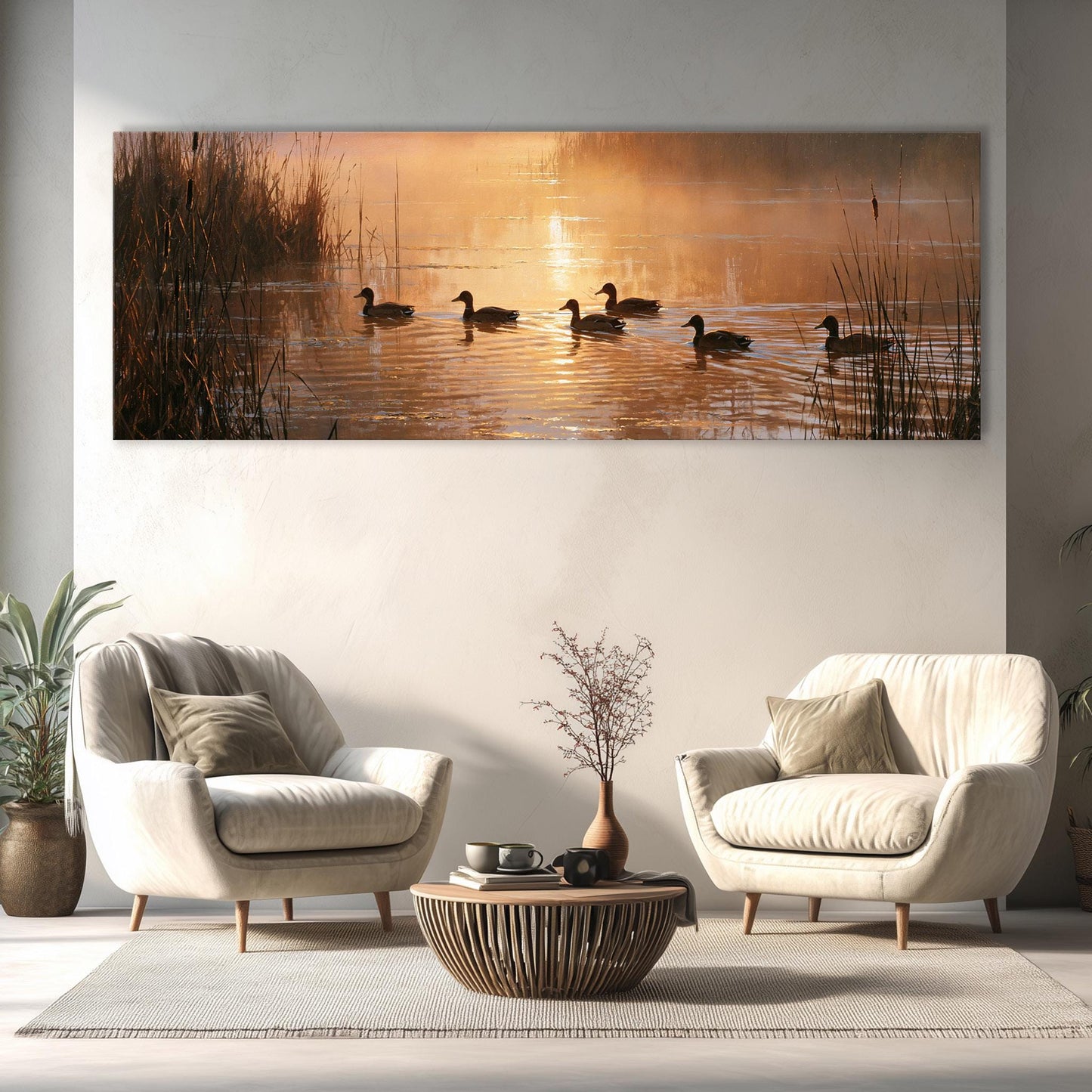 a serene scene of ducks swimming on a lake at sunset, with a warm orange glow reflecting on the water.