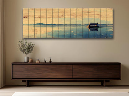 Lakeside Bench Wall Art – Panoramic Lake Landscape on Natural Wood Panel