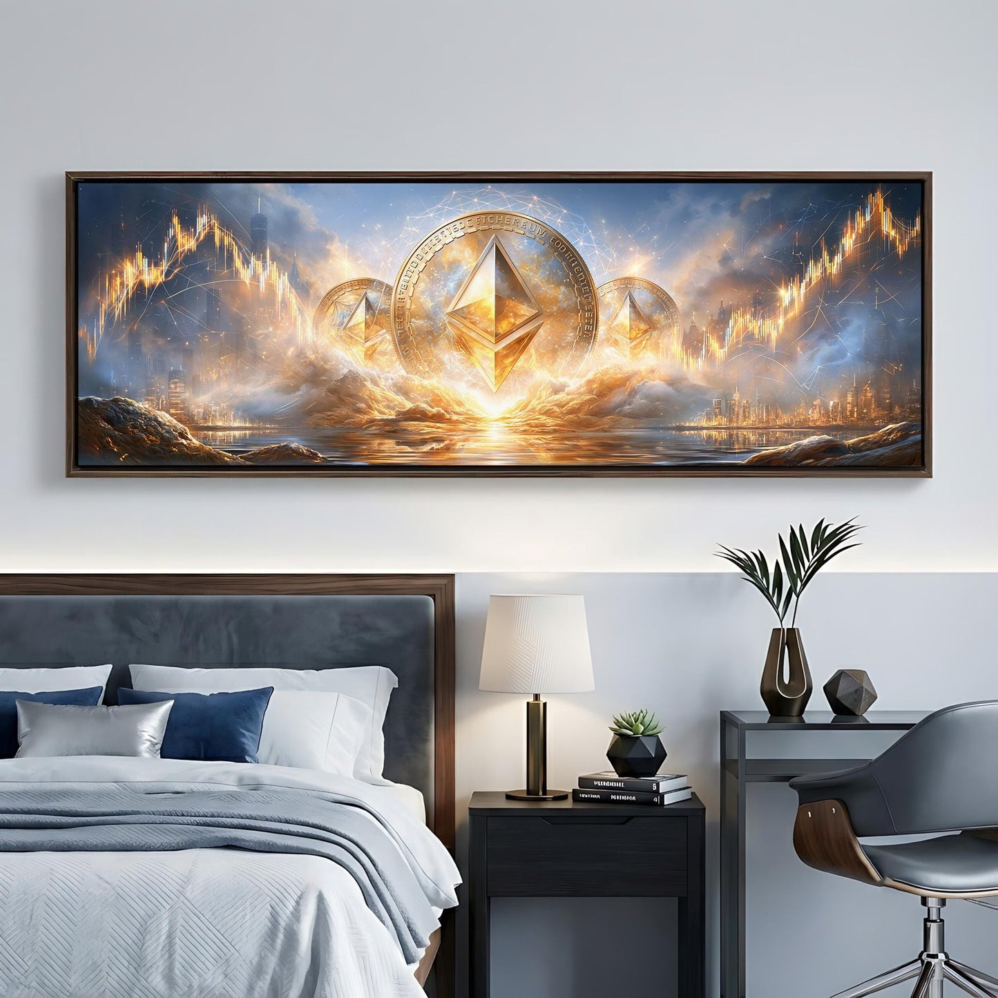 a large, framed artwork depicting a fantastical landscape with a central golden triangle surrounded by a swirling, fiery cloud. The artwork is set against a backdrop of a serene body of water and a distant city skyline. The artwork is hung on a wall above a bed, which is adorned with a blue and white bedspread. The room also includes a nightstand with a lamp, a chair, and a plant, creating a cozy and inviting atmosphere.
