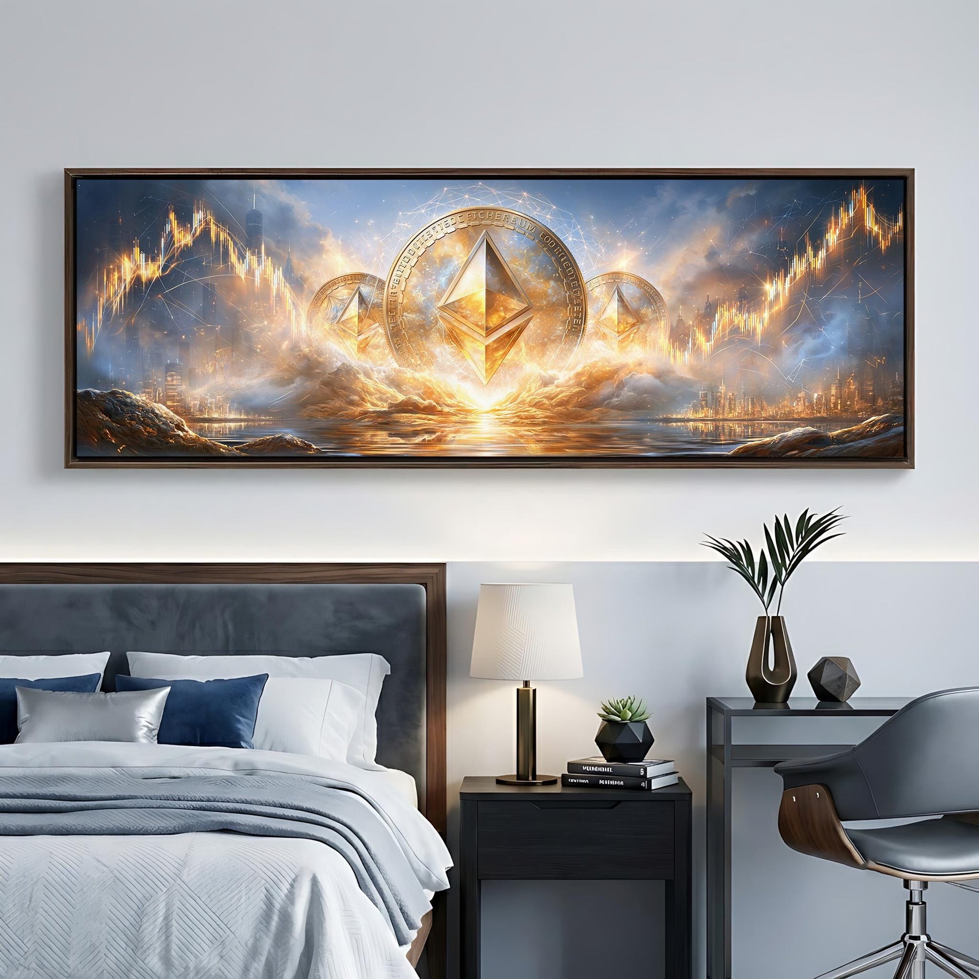 a large, framed artwork depicting a fantastical landscape with a central golden triangle surrounded by a swirling, fiery cloud. The artwork is set against a backdrop of a serene body of water and a distant city skyline. The artwork is hung on a wall above a bed, which is adorned with a blue and white bedspread. The room also includes a nightstand with a lamp, a chair, and a plant, creating a cozy and inviting atmosphere.