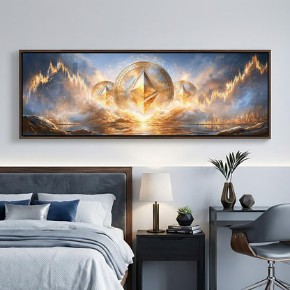 a large, framed artwork depicting a fantastical landscape with a central golden triangle surrounded by a swirling, fiery cloud. The artwork is set against a backdrop of a serene body of water and a distant city skyline. The artwork is hung on a wall above a bed, which is adorned with a blue and white bedspread. The room also includes a nightstand with a lamp, a chair, and a plant, creating a cozy and inviting atmosphere.