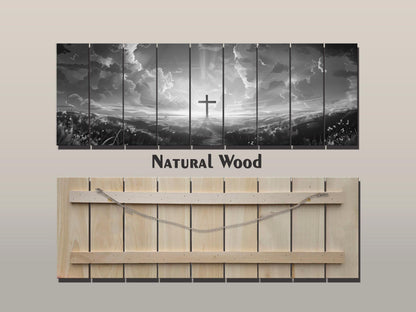Cross Wall Art – Wood Wall Art Printed on Natural Wood with Black and White Cross in Flowers
