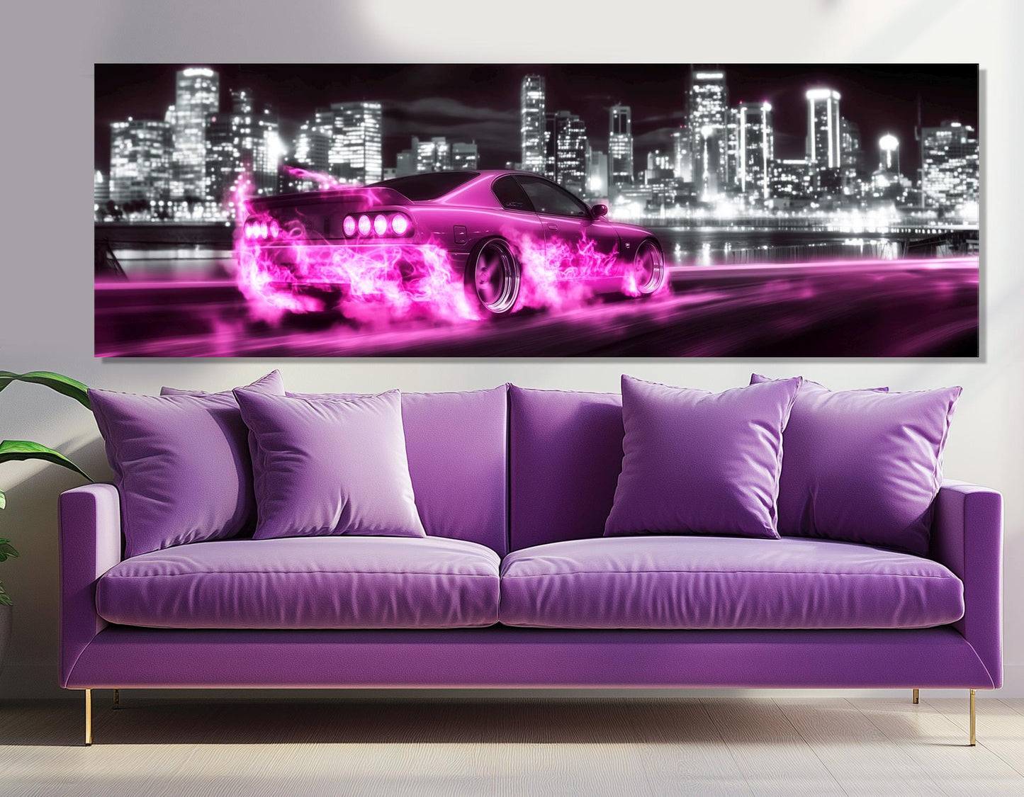 Pink Retro Sports Car | Neon Car Poster - Black and White Cityscape Wall Art