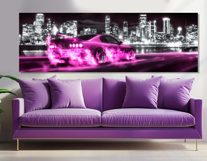 Pink Retro Sports Car | Neon Car Poster - Black and White Cityscape Wall Art